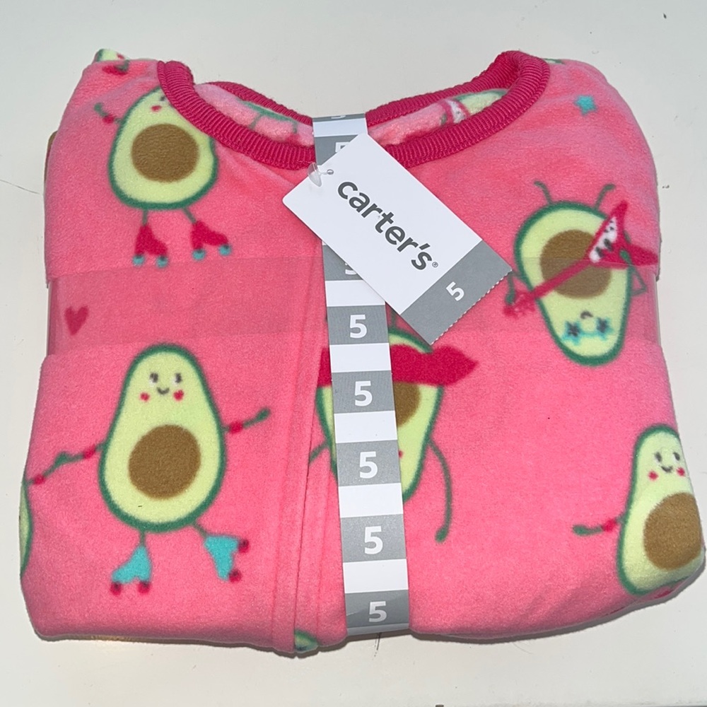 Carter's Girls' 1-Piece Zippered Gripper Footie Fleece Pajamas (Pink/Avocado, 5)